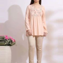 W for Woman Pastel Pink Thread Embroidered Gathered Swiss Dot Ethnic Top-16