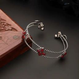 Aatmana Silver-Plated Red Stone-Studded Oxidized Handcrafted Cuff Style Bracelet-9