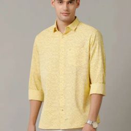 Cavallo By Linen Club Yellow Linen Slim Fit Printed Shirt-image-85