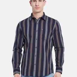 Mettle Navy Blue Cotton Regular Fit Striped Shirt-image-32