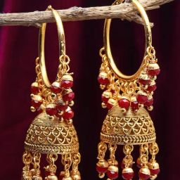 Zeneme 18K Gold Plated Red Pearl Jhumki Earrings-9