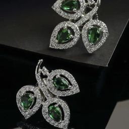 Zeneme Rhodium Plated Silver Green AD Contemporary Leaf Stud Earrings-20