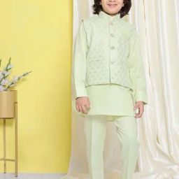 AJ Dezines Kids Green Cotton Embroidered Full Sleeves Kurta Set-image-54