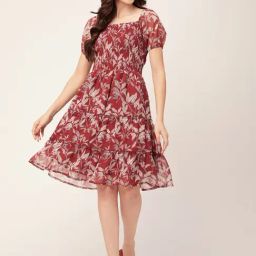Moomaya Red Printed Fit & Flare Dress-image-17