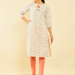 Soch Off White Poly Cotton Floral Printed Kurta With Tassels-93