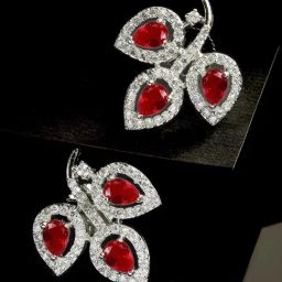 Zeneme Rhodium Plated Silver Red AD Contemporary Leaf Stud Earrings-13