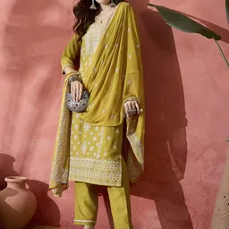Sangria Yellow Floral Printed Notch Neck Straight Kurta With Trousers And Dupatta-36