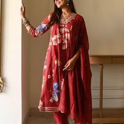 Bunaai Tanvi Floral Printed Mirror Work Panelled A-Line Kurta With Trousers & Dupatta-image-66