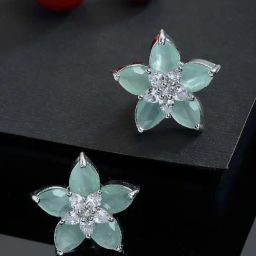 Zeneme Rhodium Plated Silver Green Crystal AD Studded Floral Shaped Stud Earrings-22