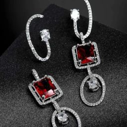 Zeneme Silver Plated Rhodium Red AD Geometric Dangler Earrings-26