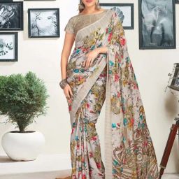 Satrani Beige Floral Print Saree With Unstitched Blouse-image-6