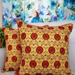 TARA Sparkling Homes Embroidered yellow Cotton Silk Cushion Cover -Set of 2-image-69