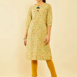 Soch Light Yellow Poly Cotton Floral Printed Kurta With Tassels-image-91