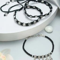 Aatmana Silver-Toned & Black Beaded Tribal Thread Anklets for Women - Pack of 3-16