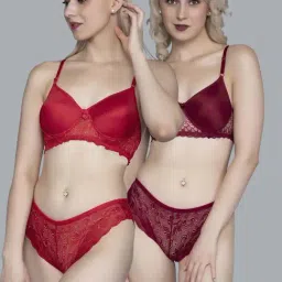 FIMS Red & Wine Lace Work Bra Panty Sets - Pack Of 2-image-98