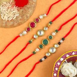 Karatcart Gold-Plated Kundan Rakhi with Roli Chawal & Greeting Card for Brother - Set of 4-92