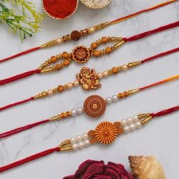 eCraftIndia Multicolor Rudraksha, Om, Ganesha, Flower, Pearl Rakhis with Roli Chawal Pack - Set of 5 image 2