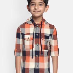 YK Boys Orange & Navy Blue Regular Fit Pure Cotton Checked Hooded Casual Shirt-48