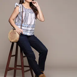 Label Ritu Kumar Geometric Print Flutter Sleeve Cotton Top image 5
