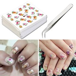 Synaty 50 Pcs Art Stickers Plus Tweezer, Easy DIY Water Transfer Nail Decals Decoration (Style 1, Paper), 6 Cm X 5 Cms image 3