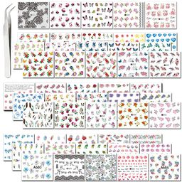 Synaty 50 Pcs Art Stickers Plus Tweezer, Easy DIY Water Transfer Nail Decals Decoration (Style 1, Paper), 6 Cm X 5 Cms image 1