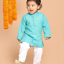 VASTRAMAY SHISHU Full Sleeves Solid Kurta & Pajama Set - Cyan-image-71