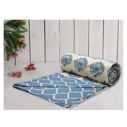 Trance Home Linen Pure Cotton Reversible Dohar Single Bed Size AC Blanket - Damask Blue-13