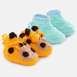 MayRa Knits Pack of 2 Hand Knitted Giraffe & Solid Design Booties - Yellow & Blue-image-50
