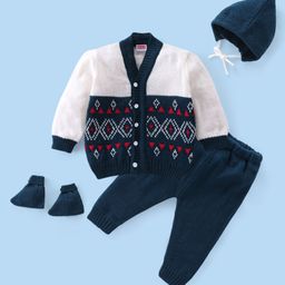 Babyhug 100% Acrylic Full Sleeves Baby Sweater Sets with Cap and Booties Diamond Design - Navy Blue-picture-17