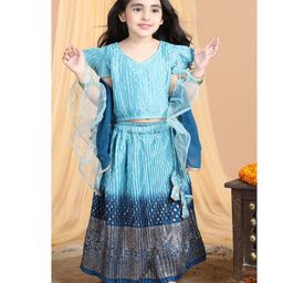 Kinder Kids Sleeveless Floral Foil Printed Accordion Pleated & Ombre Coordinating Lehenga & Choli Set - Blue-image-50