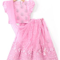 Babyhug Net Half Sleeves Floral Embroidered Choli & Lehenga Set with Dupatta - Pink-image-16
