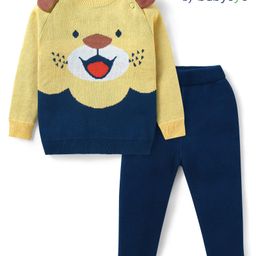 babyoye Babyoye100% Cotton Knit Full Raglan Sleeves Pullover Sweater & Pant Set with Tiger Design & Applique - Yellow & Navy Blue-picture-44