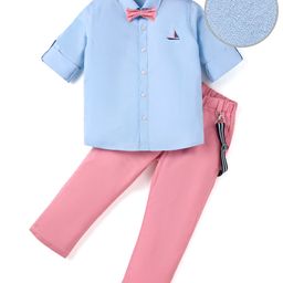Mark & Mia Cotton Woven Full Sleeves Boat Embroidered Party Shirt & Trouser Set With Bow & Suspender - Light Blue-image-81