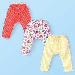 Babyhug Interlock Cotton Knit Full Length Striped & Floral Printed Diaper Leggings Pack of 3 - Red Yellow & White-image-97