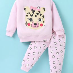 Teddy Fleece Knit Full Sleeves Winter Wear Set With Hearts & Animal Print - Pink-image-43