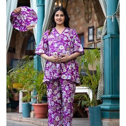 Aujjessa Cotton Half Sleeves Floral Printed & Lace Embellished Maternity Night Suit with Concealed Zipper Nursing AccessPurple-image-24