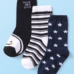 Cutewalk By Babyhug Cotton Knit Anti-Bacterial Ankle Length Stripe & Star Design Socks Pack of 3 - Black & White-image-82