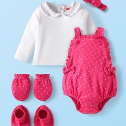 Babyhug Interlock Knit Polka Dot Printed Onesie & Full Sleeves Top With Mittens Booties & Hairband - Dark Pink-picture-35