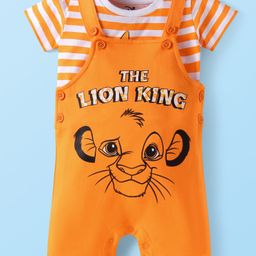 Babyhug Disney Single Jersey Knit Dungaree & Half Sleeves Striped T-Shirt with Lion King Graphic - Orange-image-74
