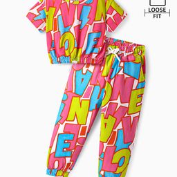 Ollington St.100% Cotton Text Printed Co-ord set of Half Sleeves Top & Joggers - Pink-image-26