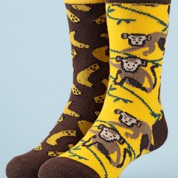 Yellow Bee Cotton Pack Of 2 Monkey & Banana Designed Socks - Brown & Yellow-image-80