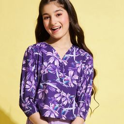 Stylo Bug Three Fourth Balloon Sleeves Floral Printed Top - Purple-image-67