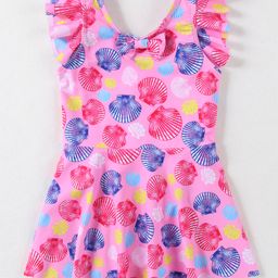 Babyhug Frill Sleeves Frock Swimsuit With Sea Shells Print & Bow Applique - Pink-image-11