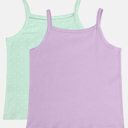 MINI KLUB Cotton Pack Of 2 Sleeveless Solid & Polka Dots Printed Camisoles - Purple & Green-image-140