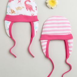 BUMZEE Cotton Pack Of 2 Striped & Dinosaurs Printed Tying Caps With Ear Flaps - Pink & White-picture-24