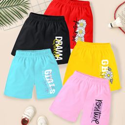 KUCHIPOO Cotton Blend Pack Of 5 Flowers & Positive Text Printed Shorts - Blue Yellow Black Pink & Red-image-74