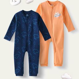 Nauti Nati Premium Cotton Knit Pack Of 2 Full Sleeves Clouds & Cat Printed Sleepsuits - Peach & Blue-image-39