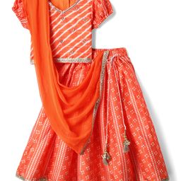 Babyhug Woven Half Sleeves Bandhani Printed Lehenga Choli Set With Embroidery Detailing & Dupatta - Orange-image-110