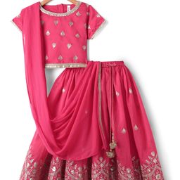 Babyhug Woven Half Sleeves Lehenga Choli & Dupatta With Floral Embriodery - Pink-image-7