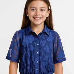 Arias Jacquard Dobby Woven Three Fourth Sleeves Top & Inner Tee with Floral Design - Blue-image-68
